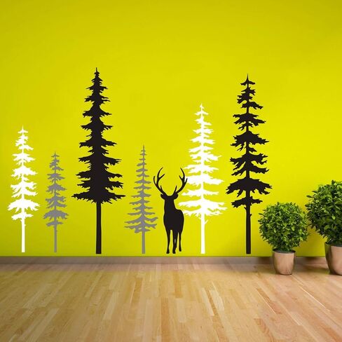 Large Forest Pine Tree with Bear Wall Decals Woodland Trees Wall Sticker for Nursery Room Art Kids Room Bedroom Decoration Forest Tree Animal Wall Mural AM10(White +Gray+Black W/Bear) in Saudi Arabia
