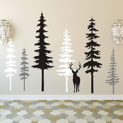 Large Forest Pine Tree with Bear Wall Decals Woodland Trees Wall Sticker for Nursery Room Art Kids Room Bedroom Decoration Forest Tree Animal Wall Mural AM10(White +Gray+Black W/Bear) in Saudi Arabia