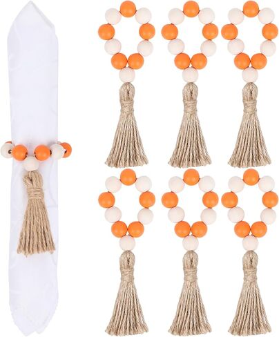 مجموعة حلقات المناديل المكونة من 6 قطع، حلقات منديل من الخرز الخشبي مع مجموعة شرابة وإبزيم حامل مناديل لحفلات الزفاف والحفلات وديكور طاولة الطعام in Kuwait