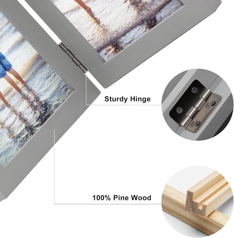 Double Horizontal Picture Frames Hinged Folding Rustic Photo Frames in Brown Made of Pine Wood with Real Glass for Wall Hanging or Tabletop Standing, Display Pictures 4x6 with Mat or 5x7 in Saudi Arabia