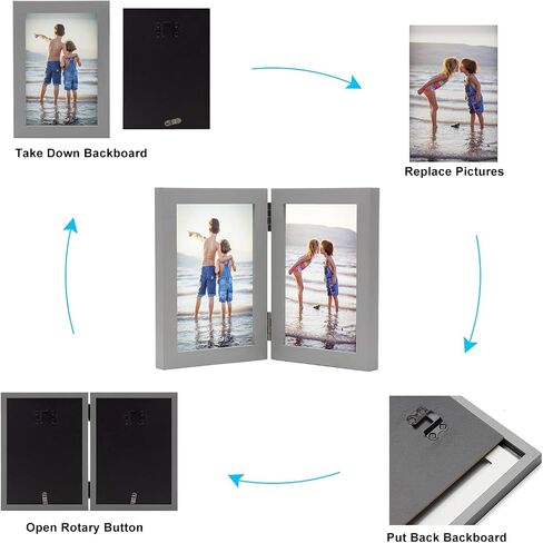 Double Horizontal Picture Frames Hinged Folding Rustic Photo Frames in Brown Made of Pine Wood with Real Glass for Wall Hanging or Tabletop Standing, Display Pictures 4x6 with Mat or 5x7 in Saudi Arabia
