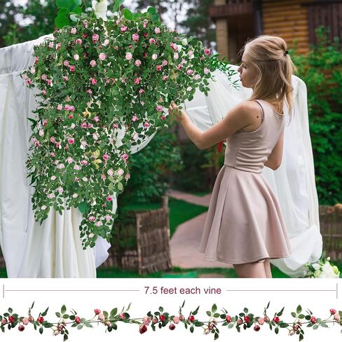 4Pcs Flower Garland, Artificial Flowers Rose Vines Floral Garland, Fake Hanging Garland Decorations for Wedding Party Centerpieces Garden Wall, Pink in Saudi Arabia