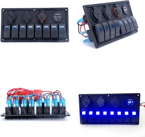 Amarine Made Waterproof 8 Gang Rocker Switch Panel + Digital Voltmeter + Double USB Power Charger Adapter + 12V Cigarette Lighter Socket for Marine Boat Car in Saudi Arabia