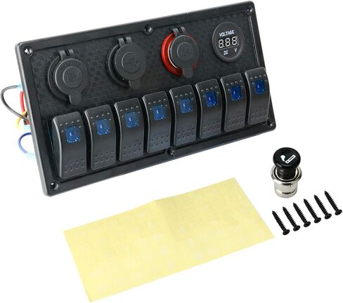 Amarine Made Waterproof 8 Gang Rocker Switch Panel + Digital Voltmeter + Double USB Power Charger Adapter + 12V Cigarette Lighter Socket for Marine Boat Car in Saudi Arabia