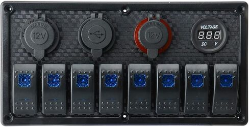 Amarine Made Waterproof 8 Gang Rocker Switch Panel + Digital Voltmeter + Double USB Power Charger Adapter + 12V Cigarette Lighter Socket for Marine Boat Car in Saudi Arabia