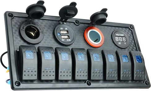 Amarine Made Waterproof 8 Gang Rocker Switch Panel + Digital Voltmeter + Double USB Power Charger Adapter + 12V Cigarette Lighter Socket for Marine Boat Car in Saudi Arabia
