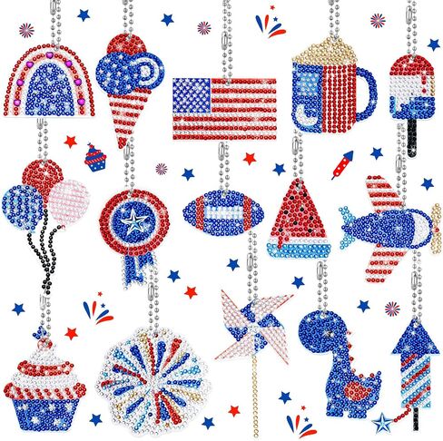 Inbagi 15 Pcs 4th of July Diamond Art Keychains Patriotic Diamond Painting Ornaments Memorial Day Independence Day Patriotic Painting Keychain DIY Red Blue Whit American Flag Key rings for Crafts in Saudi Arabia