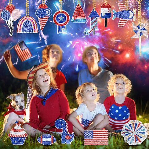 Inbagi 15 Pcs 4th of July Diamond Art Keychains Patriotic Diamond Painting Ornaments Memorial Day Independence Day Patriotic Painting Keychain DIY Red Blue Whit American Flag Key rings for Crafts in Saudi Arabia