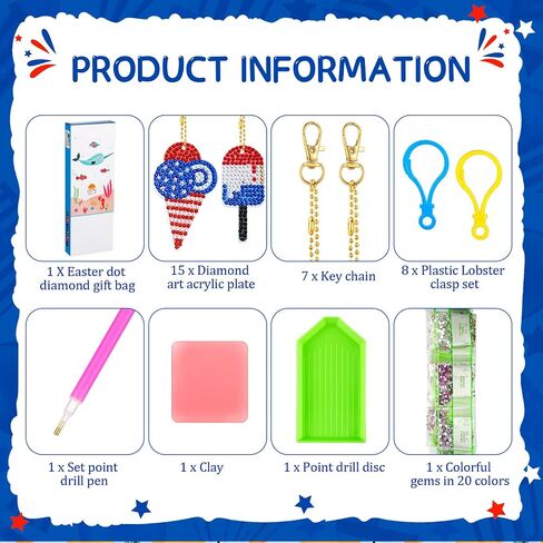 Inbagi 15 Pcs 4th of July Diamond Art Keychains Patriotic Diamond Painting Ornaments Memorial Day Independence Day Patriotic Painting Keychain DIY Red Blue Whit American Flag Key rings for Crafts in Saudi Arabia
