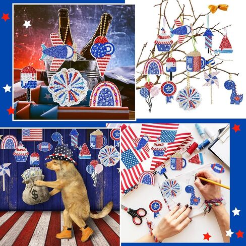 Inbagi 15 Pcs 4th of July Diamond Art Keychains Patriotic Diamond Painting Ornaments Memorial Day Independence Day Patriotic Painting Keychain DIY Red Blue Whit American Flag Key rings for Crafts in Saudi Arabia