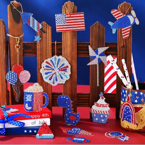 Inbagi 15 Pcs 4th of July Diamond Art Keychains Patriotic Diamond Painting Ornaments Memorial Day Independence Day Patriotic Painting Keychain DIY Red Blue Whit American Flag Key rings for Crafts in Saudi Arabia