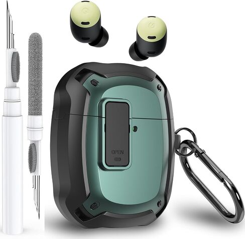 Olytop for Google Pixel Buds Pro 2/Pro Case Cover with Lock Clip & Cleaner Pen 2024/2022, Shockproof Protective Hard Shell Skin with Carabiner Men Women - Black in Kuwait