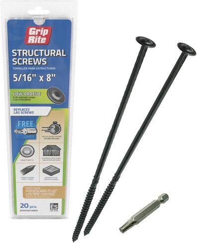 GRSSFW516820-GRIP-RITE 5/16 X 8" PRIMEGUARD Plus Coated T-30 Star Drive Washer Head COARSE Thread Type 17 Point Structural Screw 20 Count, Black in Saudi Arabia