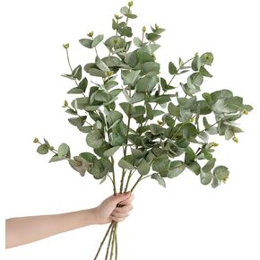 Ling's Moment Artificial Plants Amber Eucalyptus Leaves Branches,6Pcs 17.5" Tall Fake Greenery Filler w/Stems, Realistic Texture Money Plant Leaves Decor for Wedding Bouquets/Table Centerpieces, Room
