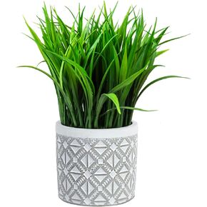 MyGift 13 Inch Artificial Green Grass Plants in Modern Concrete Pot with Geometric Embossed Pattern, Faux Greenery Plant Centerpiece Decorative Round Planter