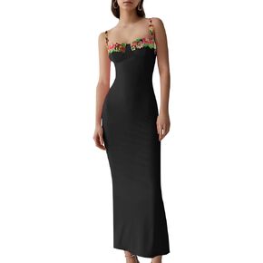 Women's Spaghetti Strap Floral Embroidered Dress Backless Strap Flower Lace-Up Slim Bodycon Long Dress Club