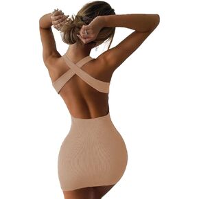 Azhong Women's Sexy Ribbed Scoop Neck Sleeveless Back Crisscross Cutout Bodycon Mini Club Dress