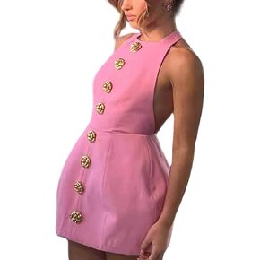 Women's Elegant Halter Sleeveless Tweed Mini Dress Rose Open Back Party Club Cocktail Evening Dresses