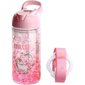 Unicorn Water Bottles for Girls,Cute Cup with Straw and Safety Lock, Outdoor Pink Water Bottle with shoulder strap,13.5oz bottle for sport school, Kawaii water bottle for unicorn girl boy