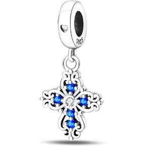 925 Sterling Silver Charms Beads for Bracelets & Necklaces, Blue Charm Cross Birthday Gifts Retro Pendant Jewelry for Women Men Teens