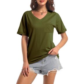 Womens V Neck Short Sleeve Shirts Trendy Summer Cute Fits T Shirts Casual Tops Fashion Basic Pockets Tees
