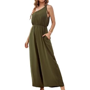 BUENOS NINOS Jumpuits for women one shoulder Waist elastic jumpsuits with Pockets