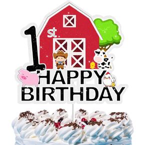 Farm Animal Cake Topper for Boys Girls Kids 1 Year Old Happy Birthday 1st Cake Decorations Cow Pig Cowboy Farmer Farmhouse Theme Party Supplies Red Glitter Cake Decor
