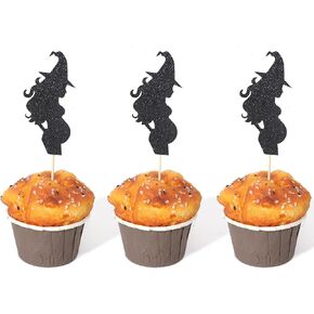 12pcs Halloween Witch Baby Shower Cupcake Toppers - Cauldron Witch Gender Reveal Party Decorations, Halloween Boy or Girl Cupcake Toppers