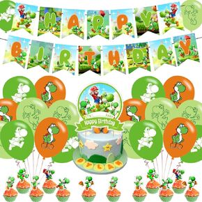 Yoshi Party Decorations,Birthday Party Supplies For Mario Yoshi Party Supplies Includes Banner - Cake Topper - 12 Cupcake Toppers - 18 Balloons