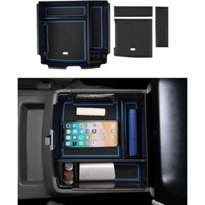 FIILINES Center Console Organizer for Kia Carnival MPV 2022 2023 2024, Console Tray ABS Armrest Storage Box for Carnival Accessories, Blue and Black Mats