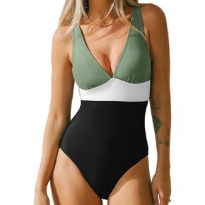 بدلة سباحة نسائية من قطعة واحدة من CUPSHE، بدلة استحمام طويلة الجذع، رقبة متدلية وأشرطة واسعة، كتلة ألوان قياسية، قطع الساق in Kuwait