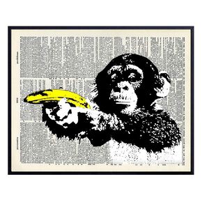 Monkey with Banana Gun - Unframed Dictionary Wall Art Print - Makes a Great Gift for Home Decor, Living Room, Bedroom - Funny - Ready to Frame (8X10) Vintage Photo