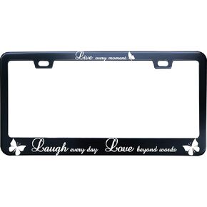 Laugh Love Live Butterfly License Plate Frame for Women/Men, Black Stainless Steel License Plate Frame 2 Holes & Screws for Car, 12x6 Inch Fits Standard US/CA