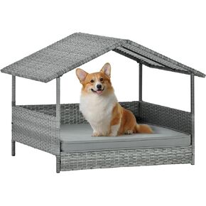 Wicker Dog House with Canopy, 32" Outdoor Elevated Rattan Dog Bed with Water-Resistant Soft Cushion, Large Outside Raised Dog Shelter for Small, Medium Dogs, Gray