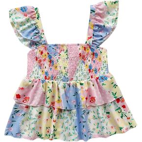 Verdusa Women's Ruffle Trim Square Neck Floral Print Shirred Peplum Cami Tops