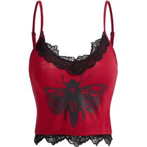SHENHE Women's Butterfly Skull Print Contrast Lace Spaghetti Strap Sleeveless Cami Tank Crop Tops