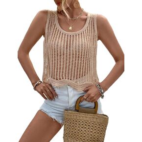 GORGLITTER Women's Crochet Summer Knit Tank Tops Hollow Out Sleeveless Scoop Neck Pullovers