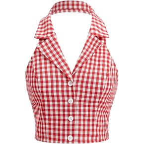 Women's Plaid Print Crop Top Button Front Halter Top Backless Cropped Halter Tank Top Slim Fit Cami Top Camisole