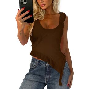 Women Going Out Tops Y2k Sexy Mesh Crop Tank Top Sleeveless Backless Asymmetrical Ruffle Summer Cami Shirt