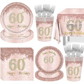 50th Birthday Tableware Set Pink Rose Gold Birthday Dessert Plates Happy 50 Years Old Birthday Dinnerware Disposable Birthday Plates Napkins Tablecloth Cups Forks for Birthday Party Favor Serves 16