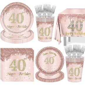 50th Birthday Tableware Set Pink Rose Gold Birthday Dessert Plates Happy 50 Years Old Birthday Dinnerware Disposable Birthday Plates Napkins Tablecloth Cups Forks for Birthday Party Favor Serves 16