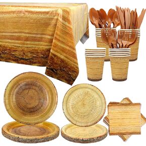 Camping Wood Grain Slice Party Supplies - Hunting Party Tableware - Dinner Plates Desserts Plates Cups Napkins Tablecover for Hunting Forest Hunter Baby Shower Animal Lumberjack Party, Serves 20 (20)