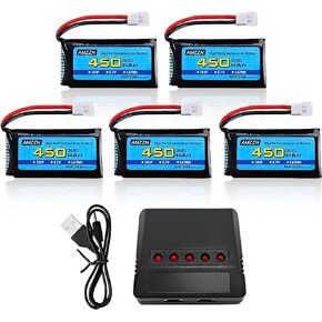 5PCS 3.7V 450mAh 30C Lipo Battery with 5-in-1 Charger Molex Plug Compatible with Most RC Drones, Four Axis Aircraft and SYMA WLToys Hubsan Aircraft Models(5PCS Battery+5-in-1 Charger)
