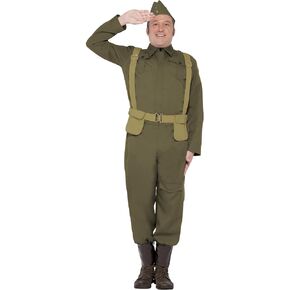 Smiffys Men's WW2 Home Guard Private Costume, pants Ankle Covers, Jacket, Hat and Harness Belt, Wartime 40's, Serious Fun