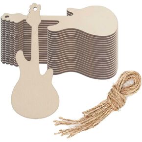 20pcs Guitar Wood DIY Craft Cutout Wooden Electric Guitar Shaped Hanging Ornaments with Hole Hemp Ropes Wood Tags for Wedding Birthday Christmas Party Decoration (1.65 x 3.94 in)