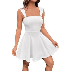 SweatyRocks Women's Sleeveless Flare Hem Stretchy Mini Dress High Waist Square Neck Tank Dresses
