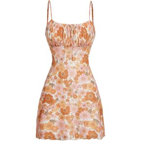 Floerns Women's Boho Ruched Bust Floral Print Lettuce Trim Cami Summer Dress