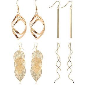 18k Gold Plated Dangle Earrings Set Metal Geometric Bar Earrings Long Leaves Tassel Threader Earrings Set For Women (4PC)