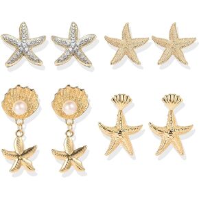 4 Pairs Starfish Earrings for Women Gold Starfish Earrings Sets Sea Shell Earrings Beach Earrings Ocean Scallop Summer Jewelry Summer Beach Party Jewelry Gifts for Women