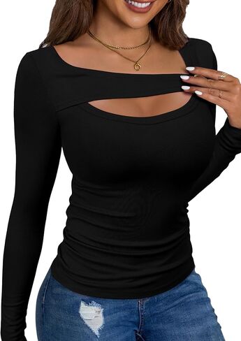Women's Tops Long Sleeve Shirts Sexy Cutout Ribbed Fitted Trendy Going Out Top Tshirts in Saudi Arabia